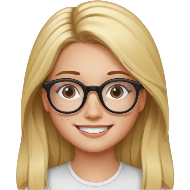 blonde girl with brown roots, long hair, freckles, black frame glasses, smiling emoji