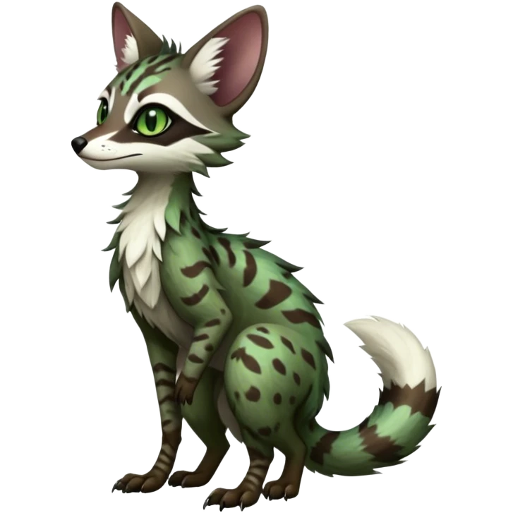 Feral Rare Fantasy dark tropical Vernid-Sergal-Genet-Trico-species by LiLaiRa, random markings, tufted tail, tufted ears, full body emoji