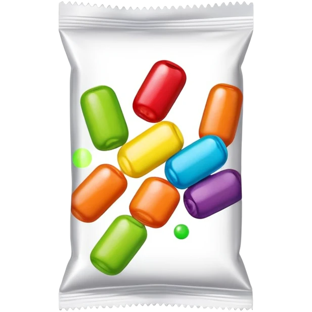 Ultra simplified Skittles package, just a small rectangular rainbow colored package with a few small green circle candies. Absolute minimal design with clean lines. emoji