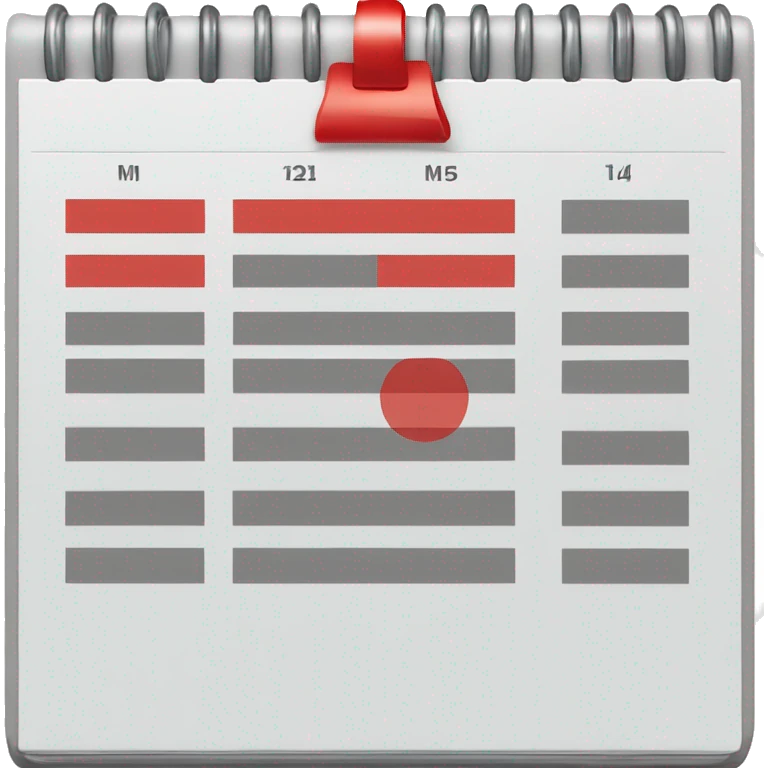 Table calendar with red top, grey and red squares for days, and beside it a round clock. emoji