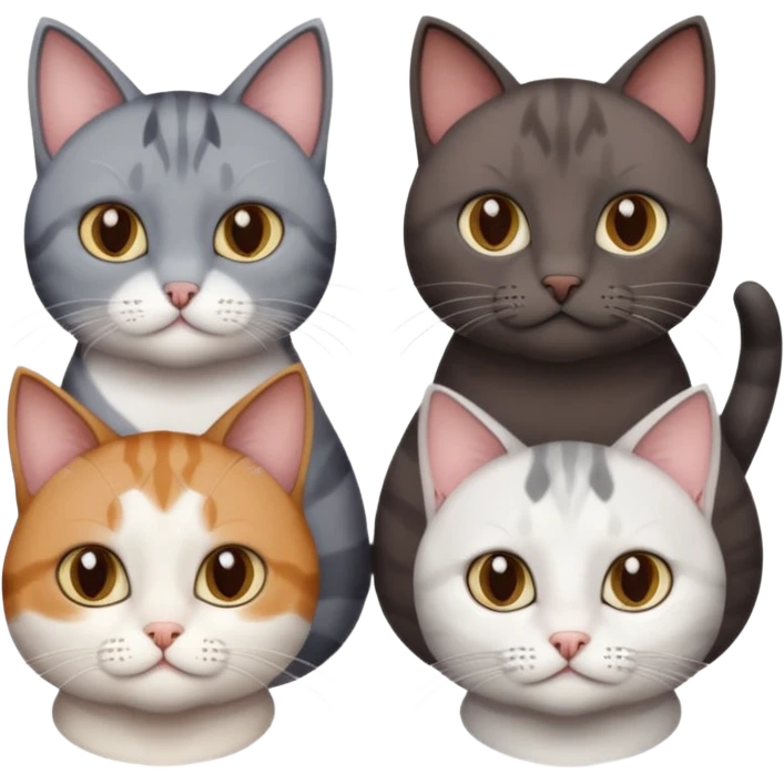 4 different coloured short haired cats including; a dark brown and white cat, and a dark grey and white  emoji