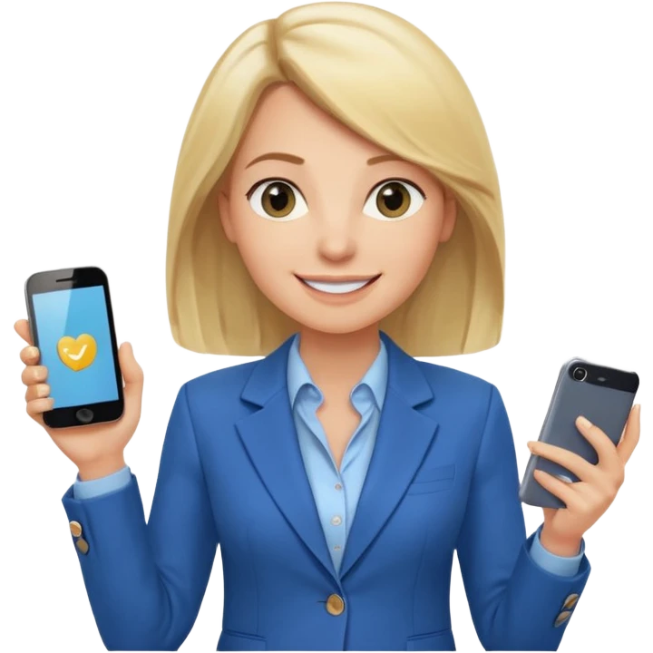 Confident and outgoing female entrepreneur, Caucasian features, shoulder-length blonde hair, big friendly smile, expressive eyes, wearing a blue blazer over a light blue blouse, holding a smartphone in one hand, waist-up, front-facing emoji