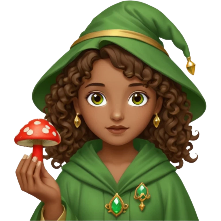 very beautiful italian girl, dark brown eyes, looking like Emma Watson, with curly and big volume very bright brown hair, and a golden piercing ring in nose on left side, dressed in a beautiful wizard robe of green colors, holding red fly mushroom emoji