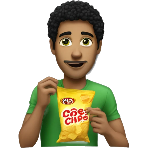 My hot man with black hair and green eyes eating chips on the coach emoji