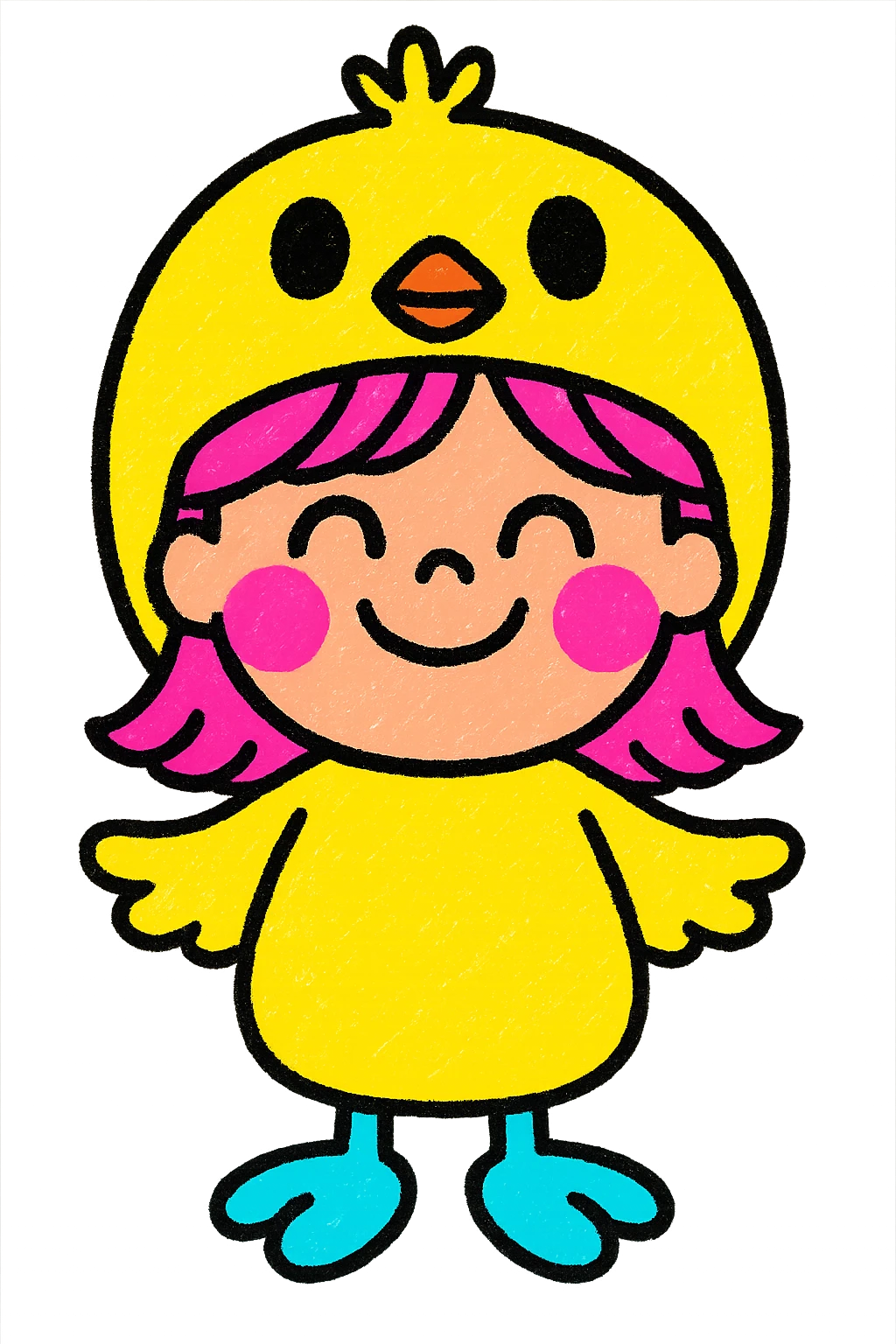 smiling girl dressed as a chick, wearing a yellow chick hat, colorful and friendly illustration style emoji