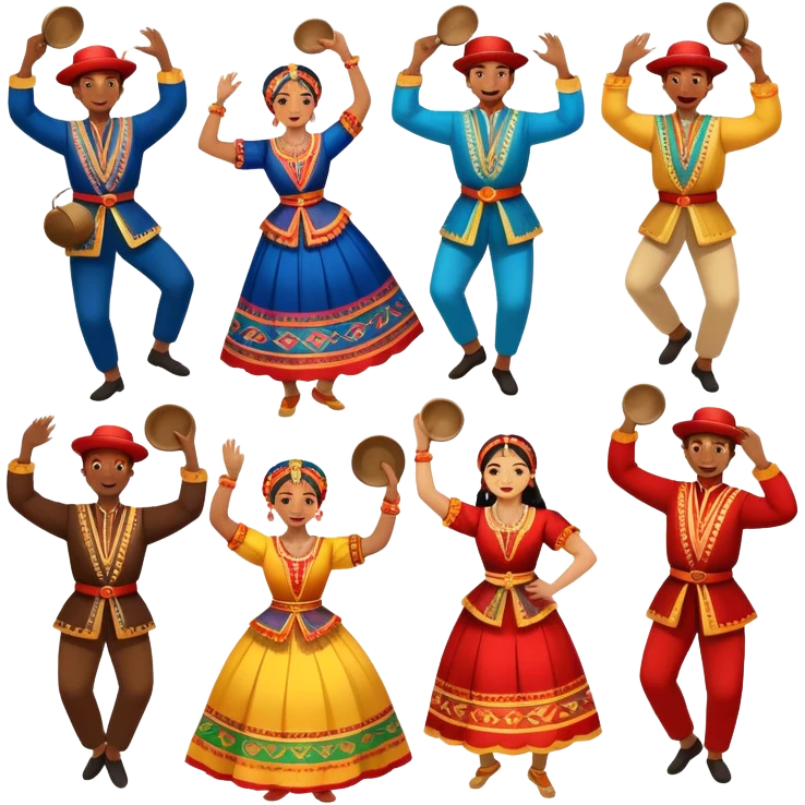 Icon for Folk Dance: a group of men and women performing a national dance in vibrant traditional costumes, with some holding castanets and tambourines. The icon should capture the festive and cultural energy of folk dance. Transparent background. emoji