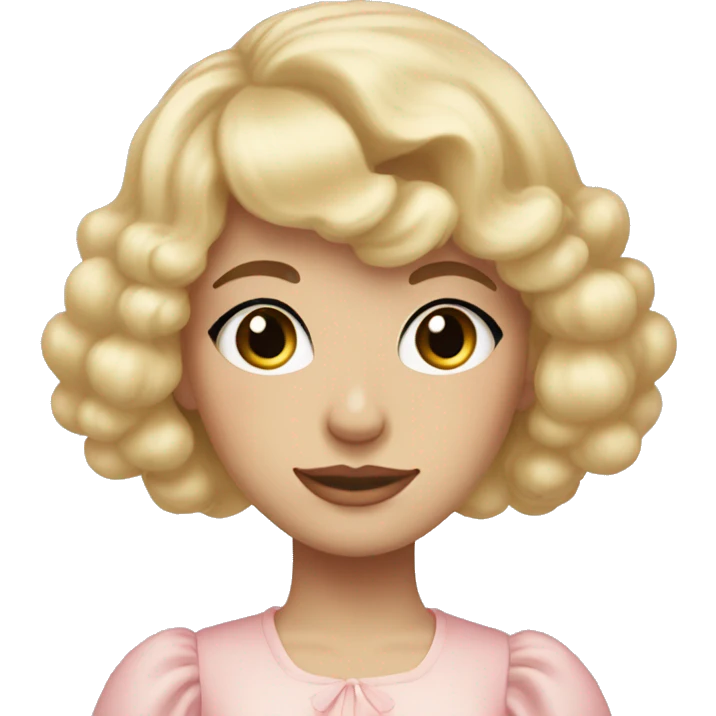 Blonde, pale girl with bangs and long, curly hair and a pastel pink puff sleeve dress emoji