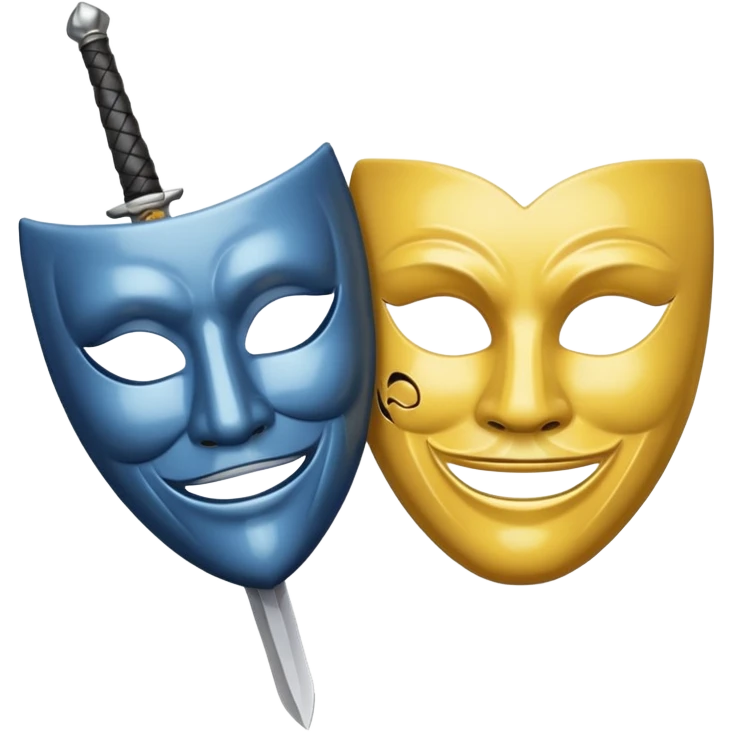 A sword in the middle, on the write sad mask and on the left happy mask emoji