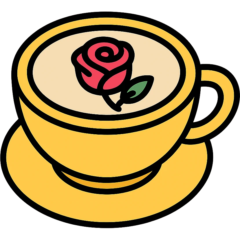a coffee cup with a rose as latte art, clean, modern, no text emoji