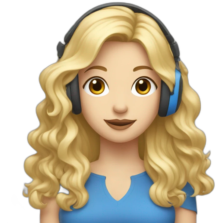 Femme aux yeux bleus, cheveux longs et blonds, avec un casque musique emoji