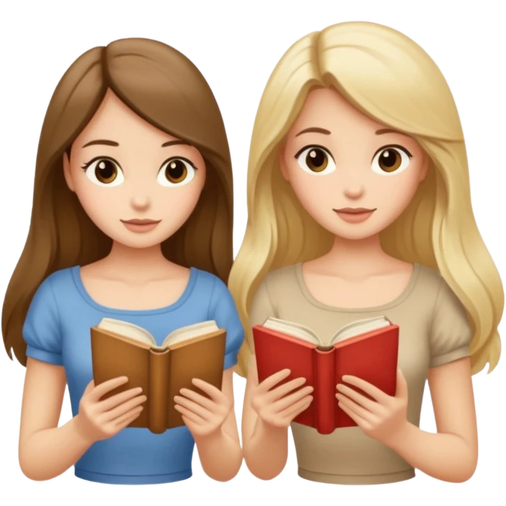 two beautiful girls in beige tops reading a beautiful vintage book. one brunette, the other blonde. both with long hair with emoji