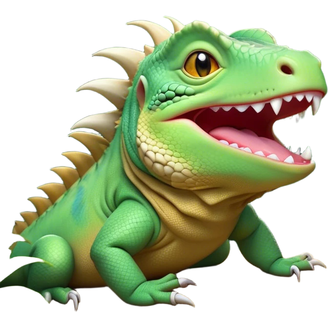 Cinematic Cute Yawning Iguana Portrait Emoji, Head tilted slightly with a dramatic, wide-open yawn, showcasing a sturdy, scaled body with a softly drooping spiky crest and sleepy, half-closed eyes, Simplified yet irresistibly adorable features, highly detailed, glowing with a soft, cozy jungle glow, high shine, relaxed yet expressive, stylized with a dash of whimsical charm, soft glowing outline, capturing the essence of a drowsy yet affectionate iguana that appears ready to stretch out for a nap! emoji