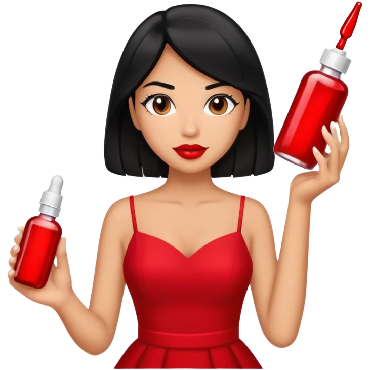 A grown woman wearing a red dress , red lipstick , black hair while holding a dropper bottle  emoji