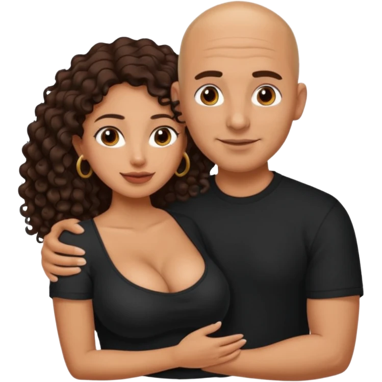 A picture of an embracing tanned couple. the man is a Mexican man with tanned skin, with a bald hair cut, and wearing a black shirt. the woman is mixed, glasses,  with long curly dark brown hair and with big boobs. Remove the glasses from the man emoji