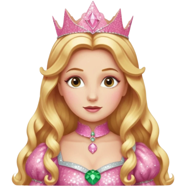 Glinda from The Wizard of Oz with long golden blonde hair, pink sequin outfit emoji