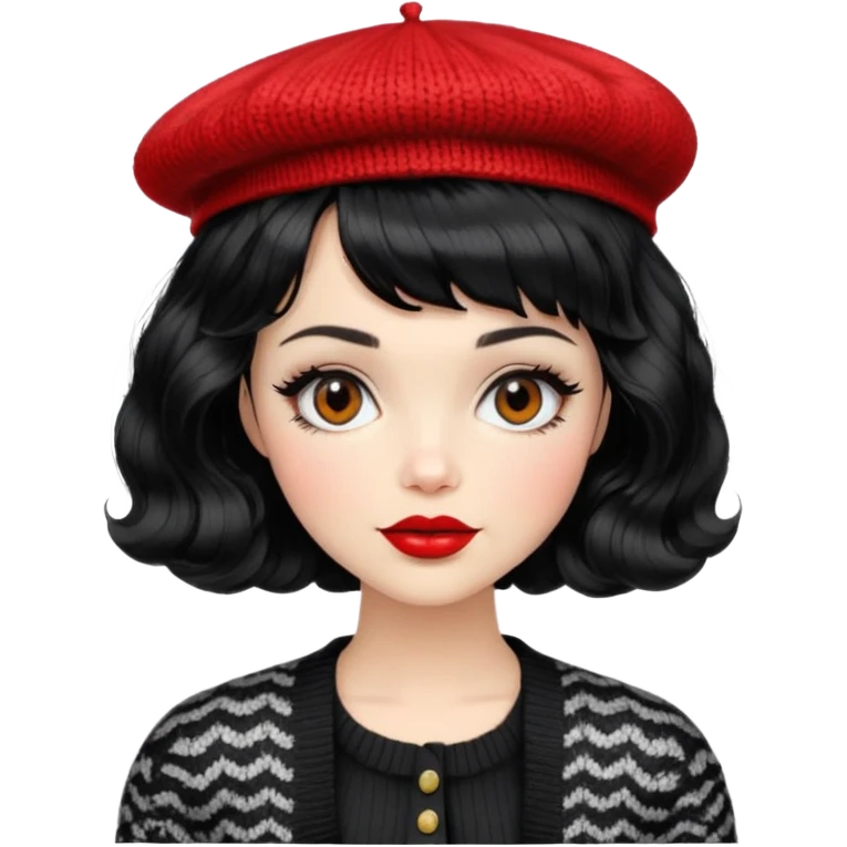Alluring 1970's beret French girl french shiny black wavy textured bob haircut tousled hair red lips wearing knitted cardigan emoji