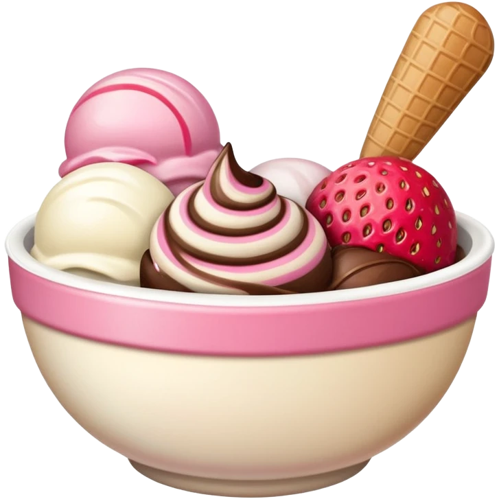 White, brown, and pink ice cream scoops in a bowl emoji