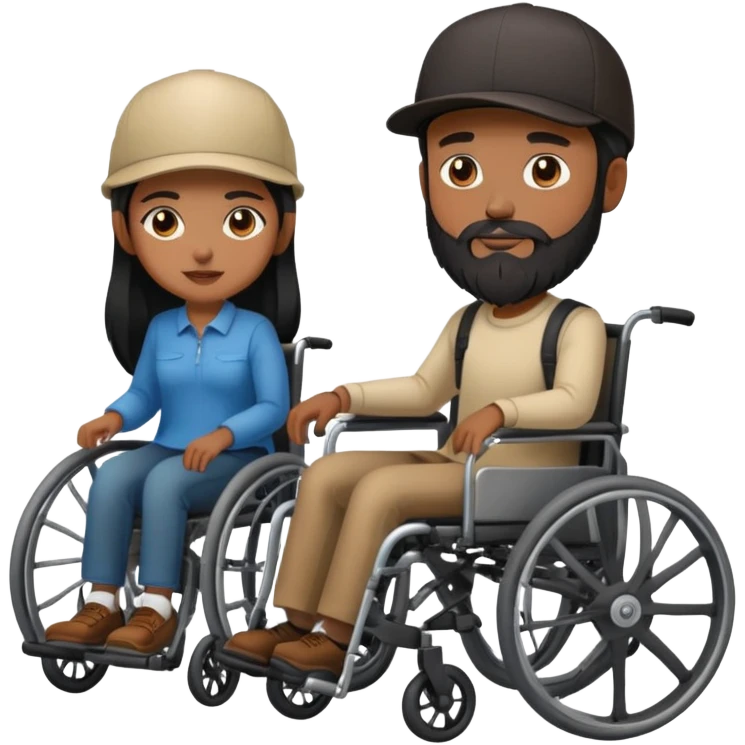 Beige skin man with a beard and cap in a wheelchair and a dark brown skin woman with long black hair in a wheelchair  emoji