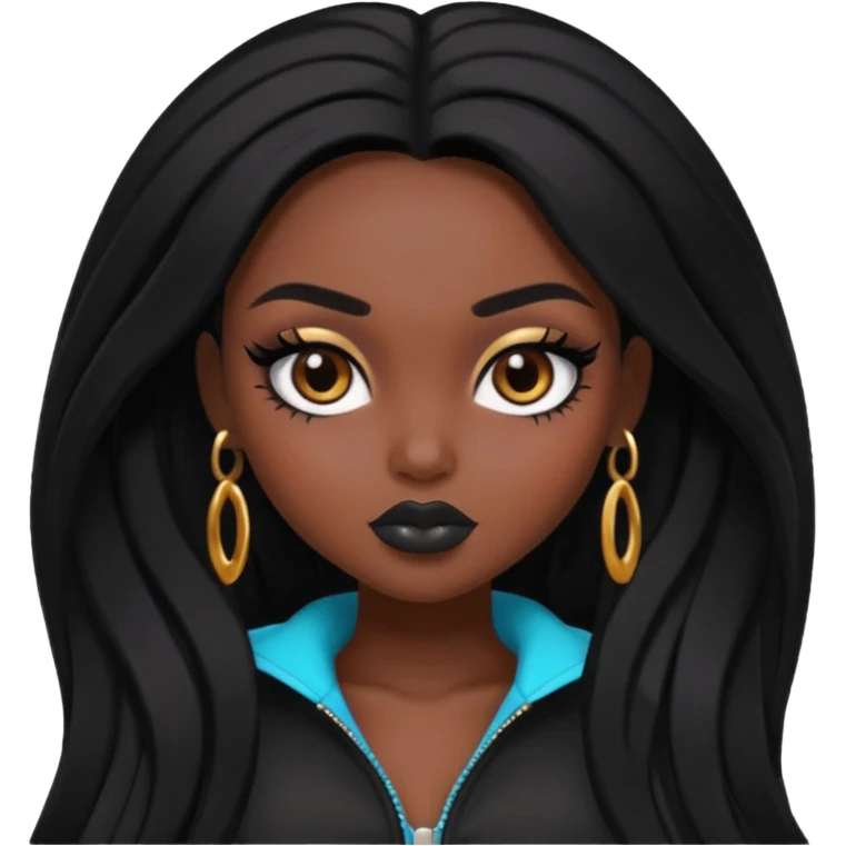 pretty black skin bratz baddie, black makeup, brown eyes, long black black people hair emoji