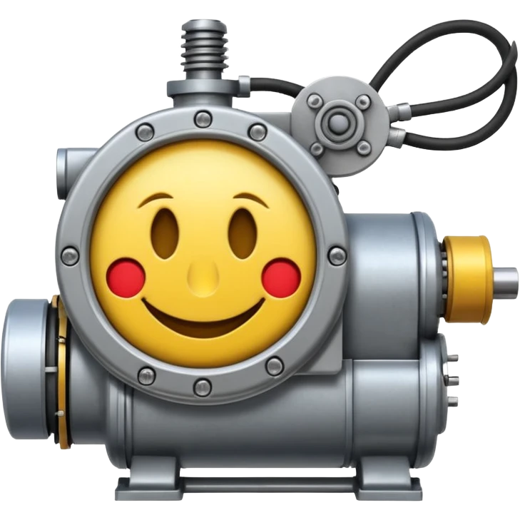 Industrial mechanical motor with a smiley face, emoji for the new electric music genre Motor breaks must be friendly and sellable must be small but clear child friendly, ready to use as a logo, motor synth make sure it's not Cold the Face must look like it's part of the machine emoji