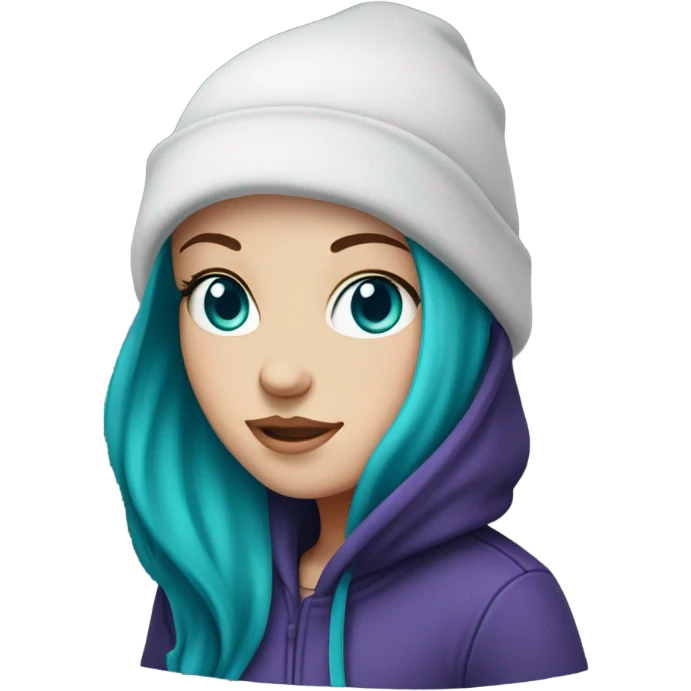 White girl, blue eyes, long teal hair, purple beanie hat, black hoodie emoji