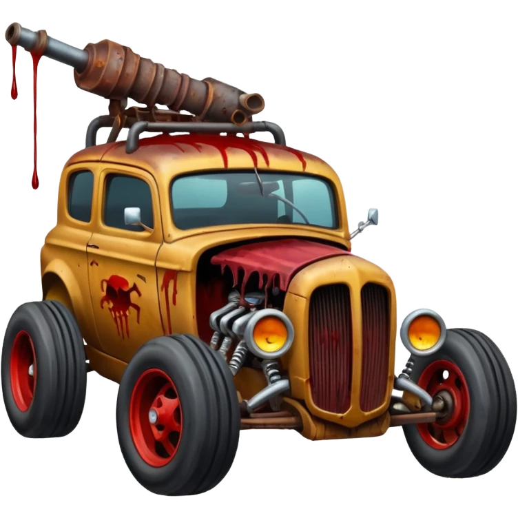 A mad max style hot rod in a zombie apocalypse, driving to the left. In the style of your bleeding skull art emoji