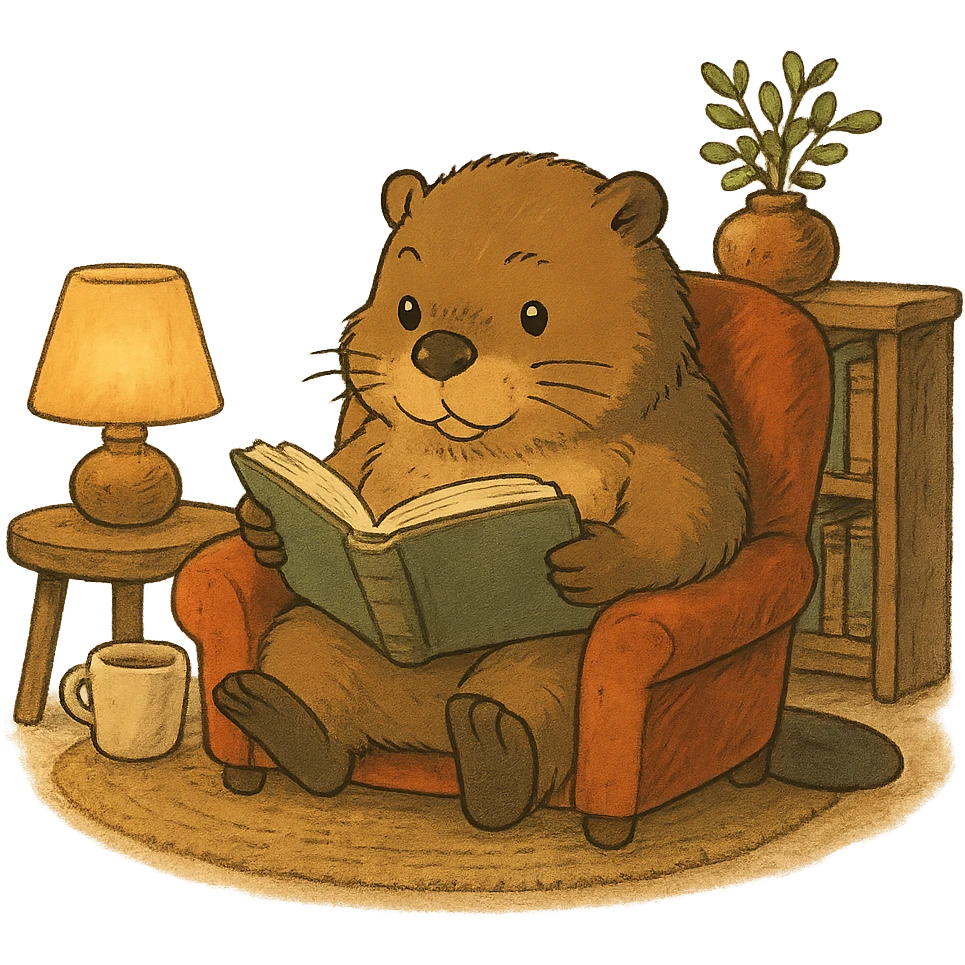 ghibli style beaver reading a book in a cozy setting emoji