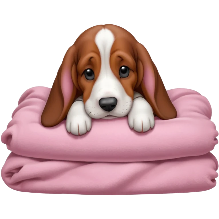 A baby basset hound sleeping on a baby pink blanket  emoji