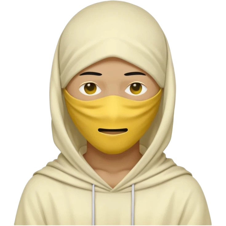 masked yellow white skin figure with cloth overing head and face / rap style like yeat kinda cloth covering head and face. rap style and minimalistic and mysterious. no eyes a emoji
