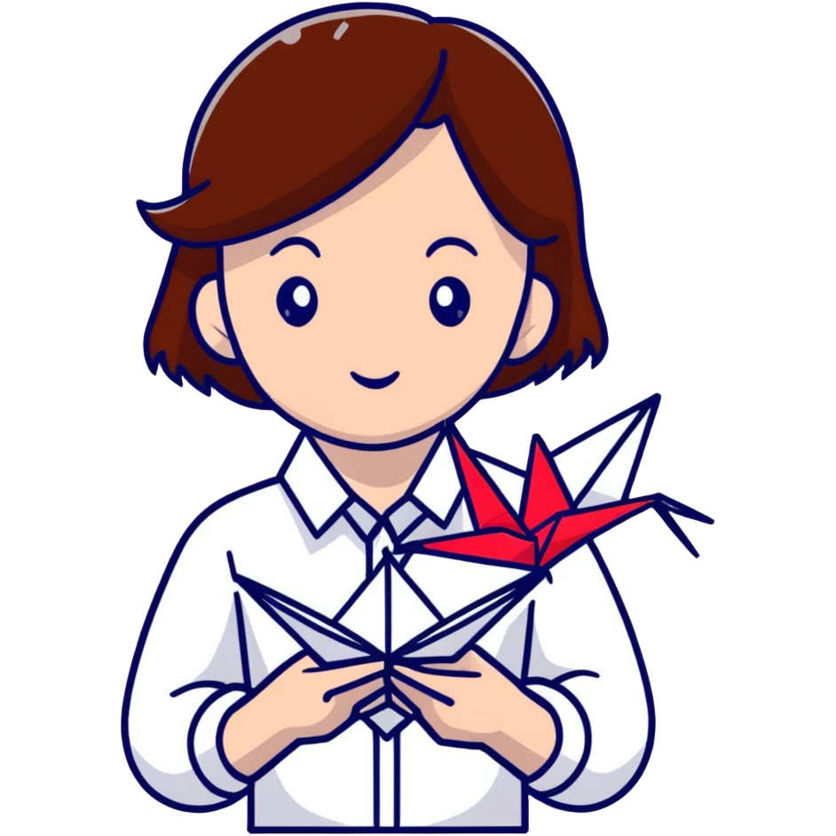 Ukrainian young girl with brown hair wearing a white embroidered shirt holds an origami red crane emoji