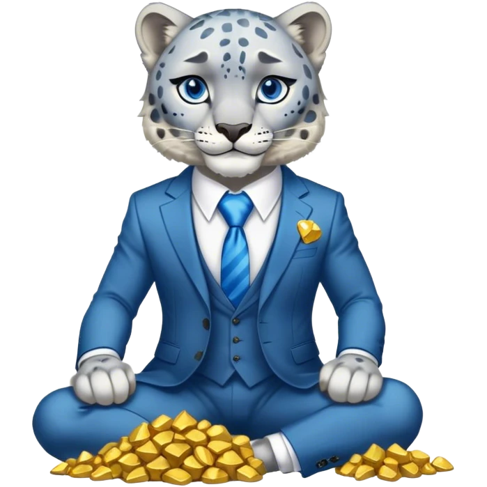 muscular snow leopard in suit with blue tie sitting on pile of gold nuggets emoji