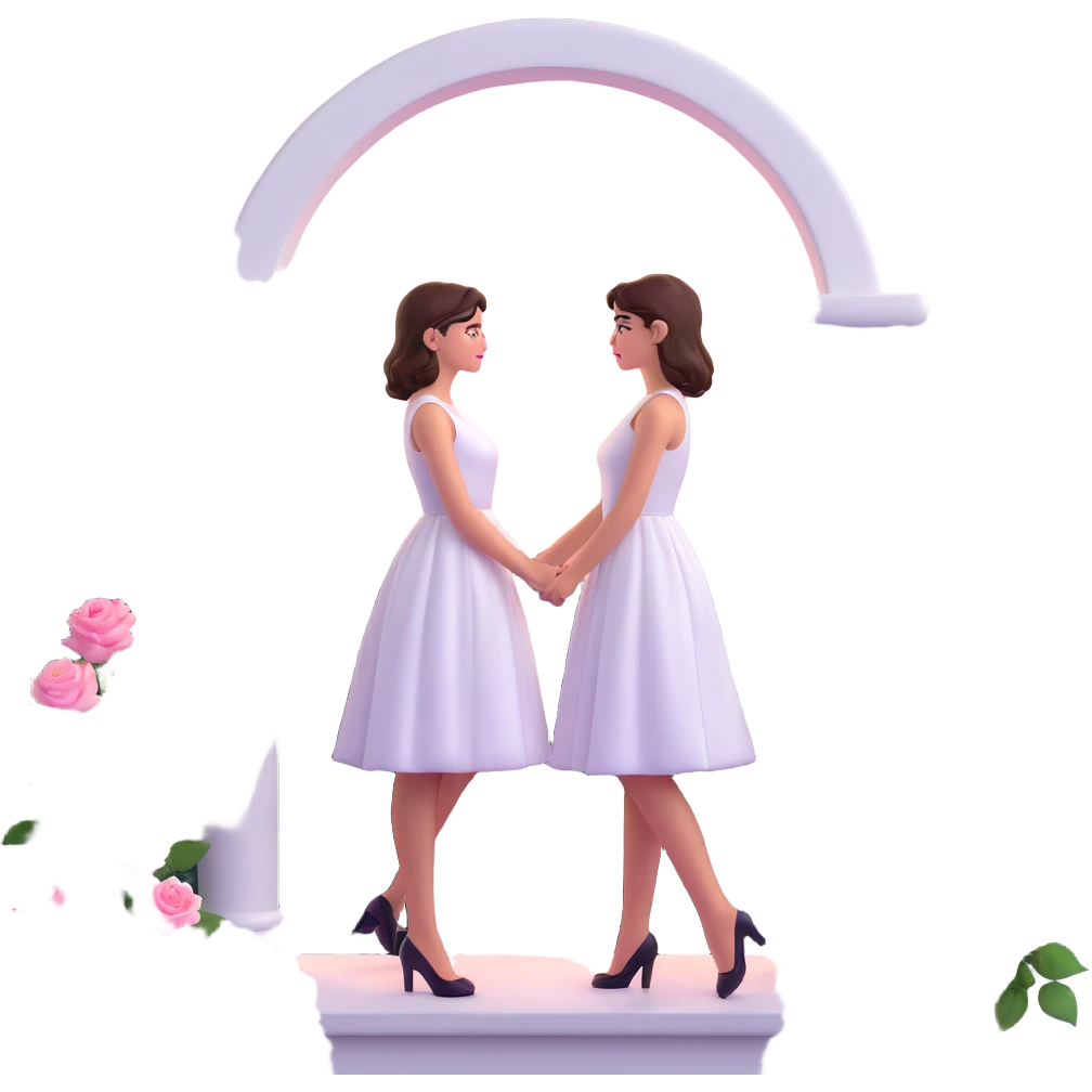 Girl in a white dress standing on a balcony, looking at a pastel sunset sky, with an arch of pink roses, shiny and glossy, on a white background, in 3D iOS emoji style. emoji