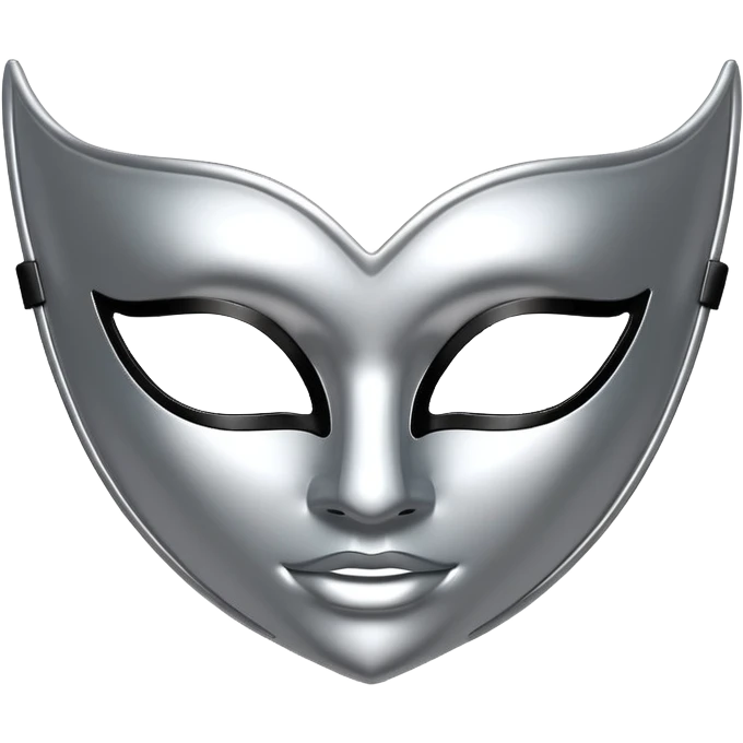 A sleek masquerade mask emoji made of polished silver chrome, smooth sensual curves, reflective metallic surface, mysterious sexy luxury vibe, minimal iOS emoji style, centered, clean white background emoji
