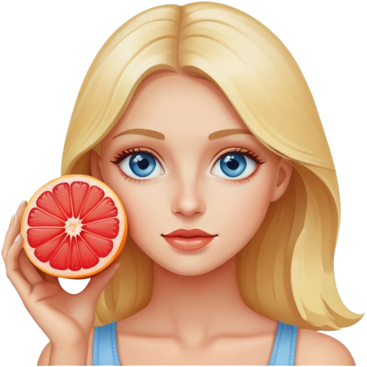 Beautiful blonde with blue eyes holds a cut piece of grapefruit near her eye emoji