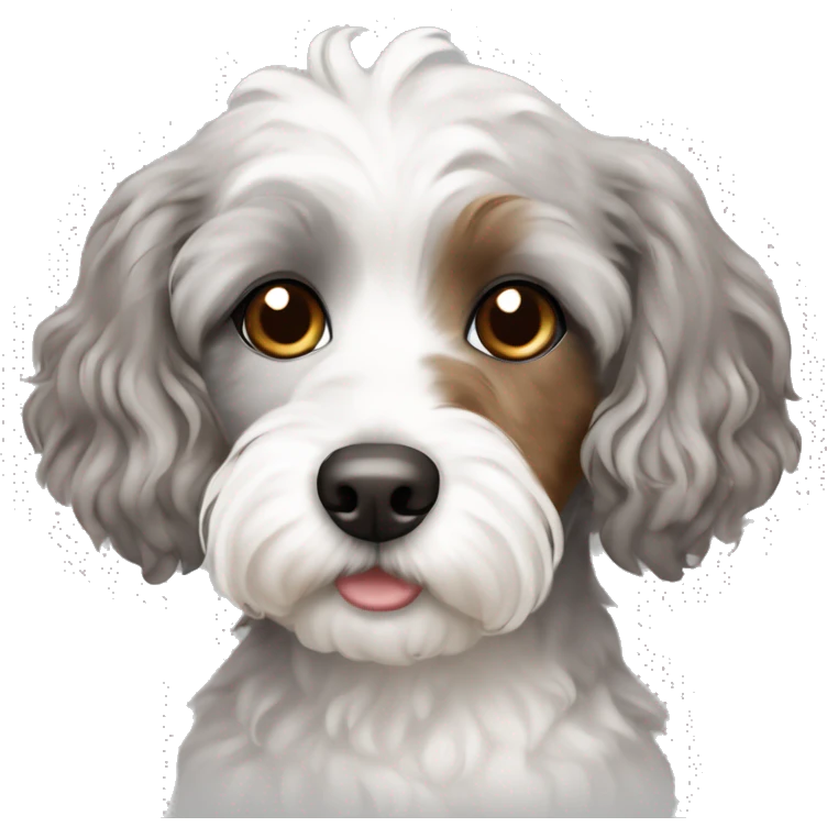 Cute grey and white Havapoo with brown hair around the nose emoji