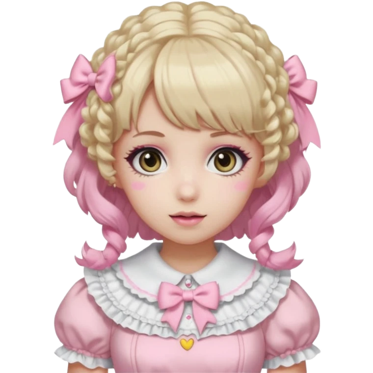 pale girl, curly medium blonde and pink hair, bangs, grey eyes, doll makeup, light pink lolita hime gyaru dress, emoji style emoji