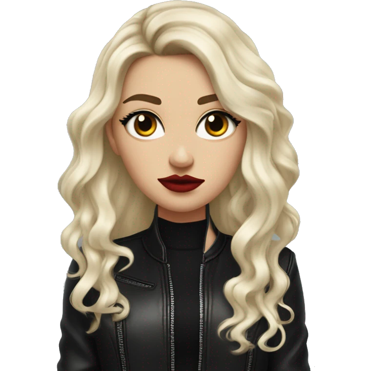 White girl, with long curly black hair, with red lipstick, black winged eyeliner, wearing black shirt and black leather jacket, rolling her eyes in annoyance  emoji