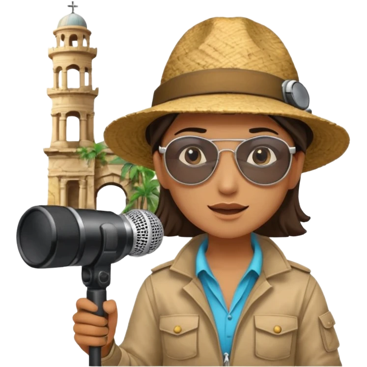 Icon for Documentary Film: A TV-style design with a traveler speaking in front of ancient ruins. Include details like a microphone, the traveler in casual explorer attire, and the ruins in the background. Capture the atmosphere of an informative journey through history. Transparent background. emoji