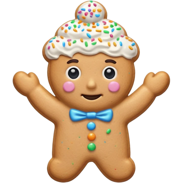 {
    "type": "object",
    "look": "frosted cookie man, colorful sprinkles, glossy icing top, front view",
    "description": "a sweet cookie man covered with frosting and rainbow sprinkles"
  } emoji