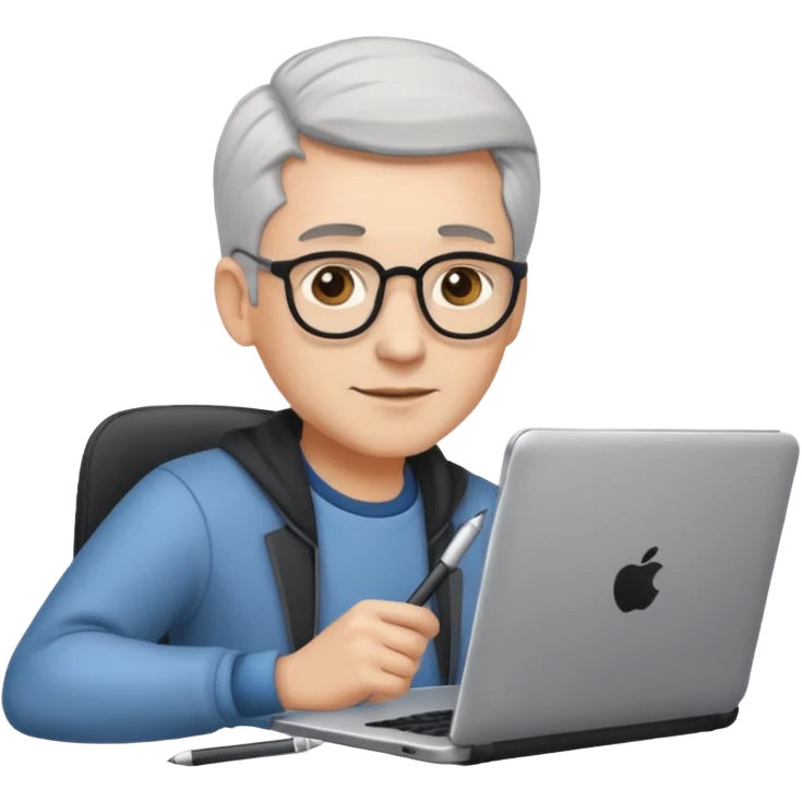 Make the hair gray or white, keep the emoji style of a young developer with a laptop and a tablet, stylus in hand. emoji
