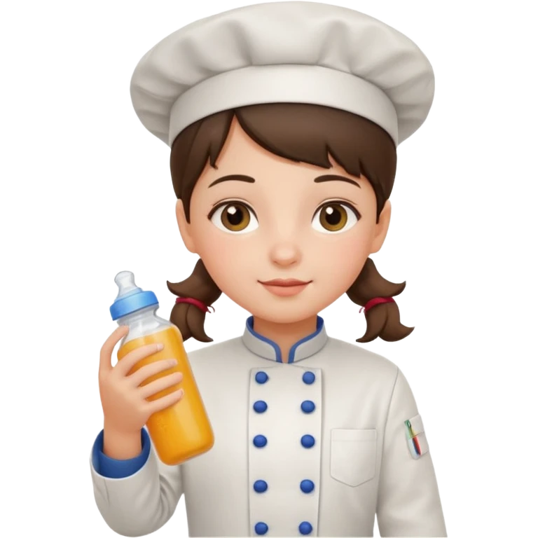 girl kid italian chef, uniform, holding feeding bottle emoji