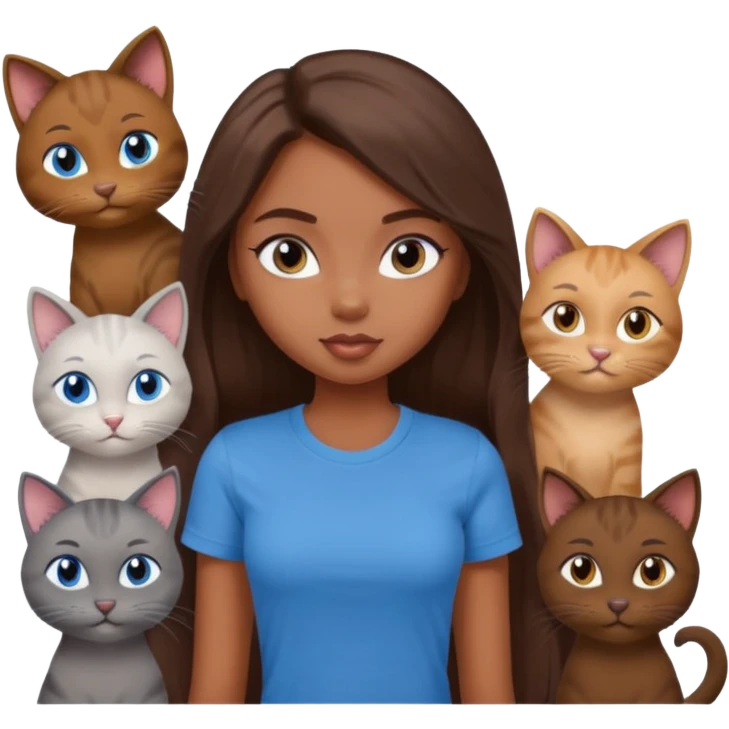 a pretty bratz dusky girl with long brown hair, blue eyes with six cats nd wearing a grey tshirt emoji
