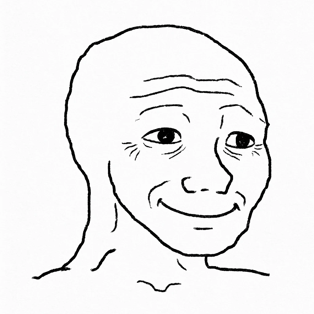 Wojak meme face, smiling with hope, simple line art emoji