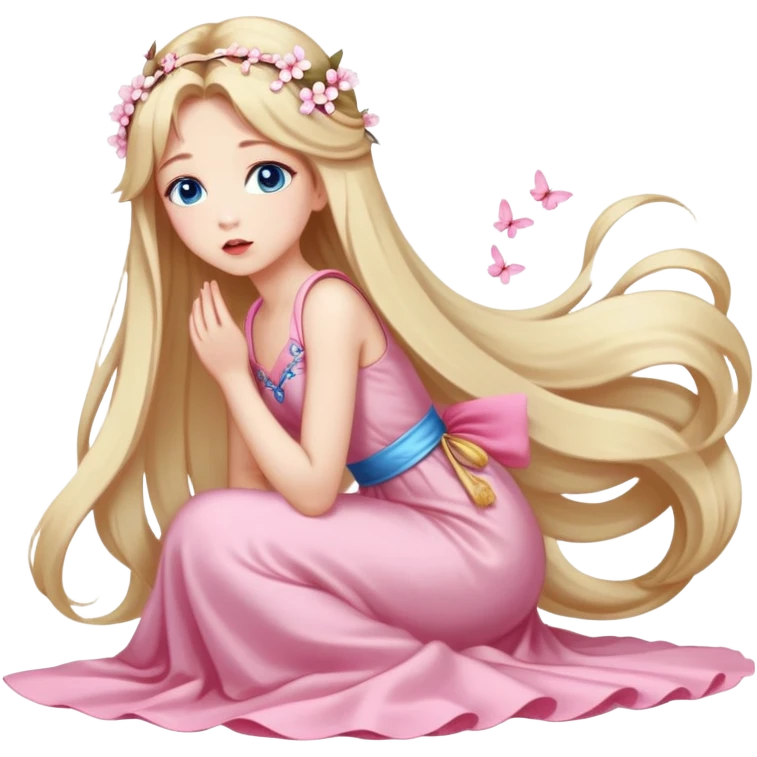 Girl with long blond hair and sakura accessories on her hair with a long tailed dress on the ground and have blue eyes beautiful finish and she sending lovely kisses  emoji