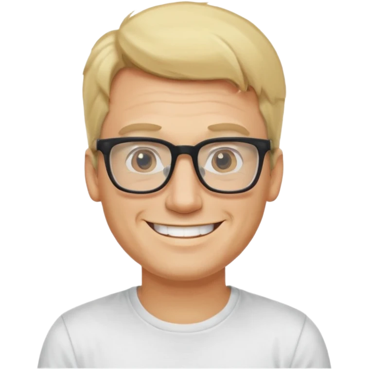 portrait of adult man, wearing a t-shirt, square glasses, grinning face, blond hair emoji