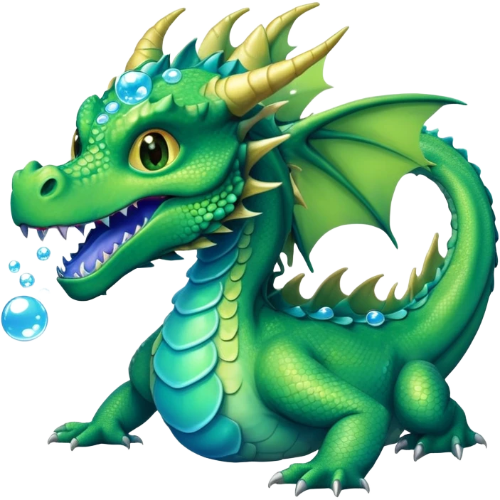 a green dragon with bue teeth breathing bubbles (full body) emoji