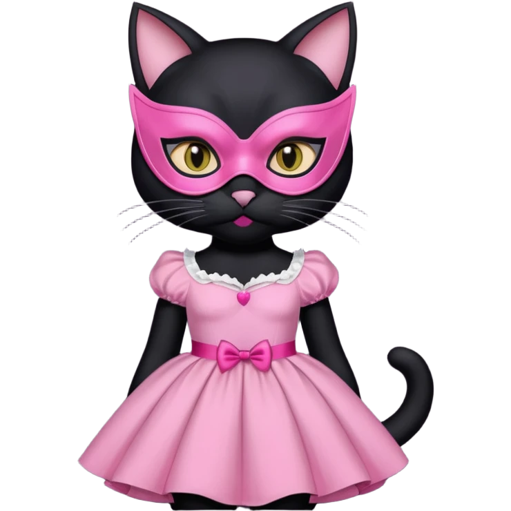 a black cat with pink mask and dress, half upon
 emoji