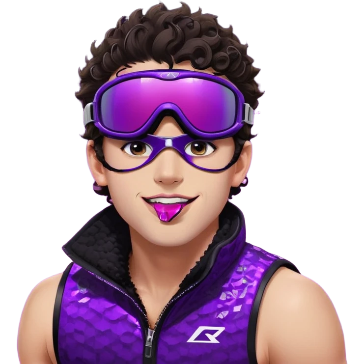 close-up of cool guy male athlete with white skin and moderately curly dark brown hair on top with shaved sides, with one purple ski goggle lens pushed up above his eyes on his forehead, sticking his tongue out of his mouth, wearing only a plain black chain necklace around his neck, and a completely unzipped sleeveless vest with purple and black sequin fire pattern design with no logo, clearly showing he is shirtless underneath with exposed chest and abs emoji