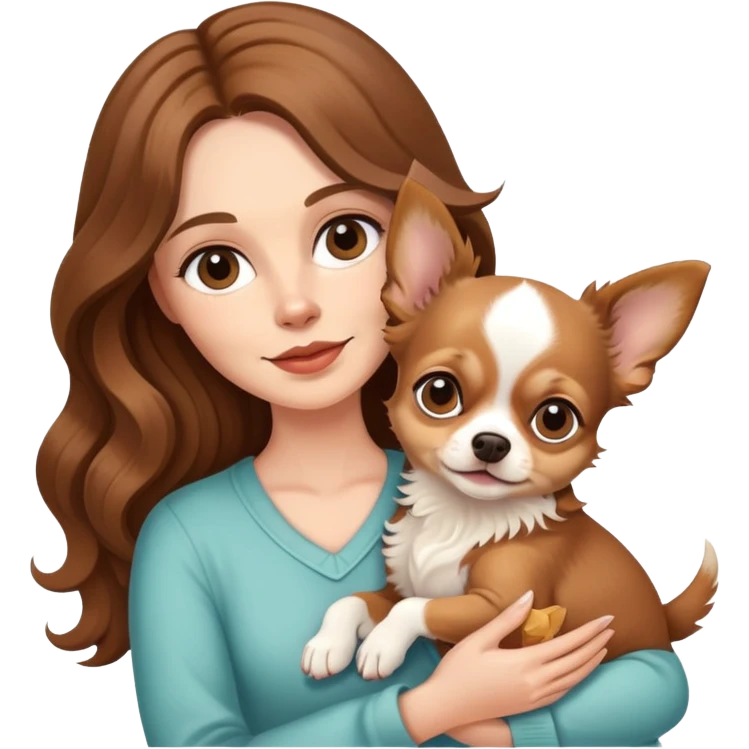 white woman with long wavy brown hair holding a chihuahua puppy emoji