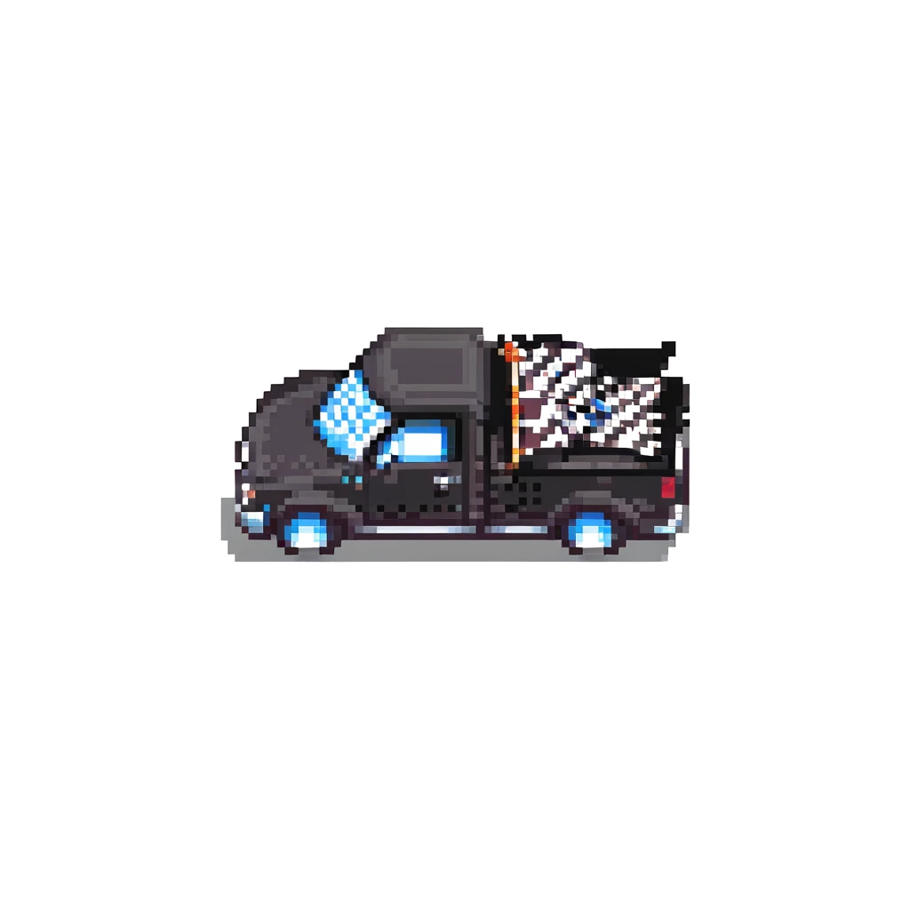 race truck with a checkered flag background, pixel art style emoji